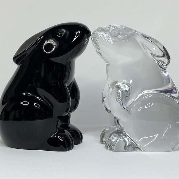 Baccarat Crystal Rabbit Figurine Pair Clear & Black Art Glass Animal France A679